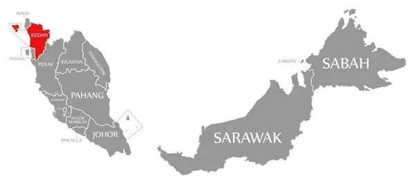 Kedah rood gemarkeerd in kaart van Maleisië — Stockfoto