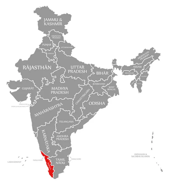 Kerala vermelho destaque no mapa de Índia — Fotografia de Stock