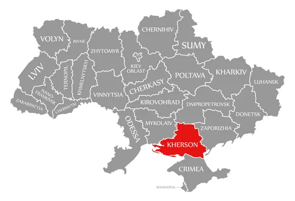 Kherson red highlighted in map of the Ukraine — 图库照片