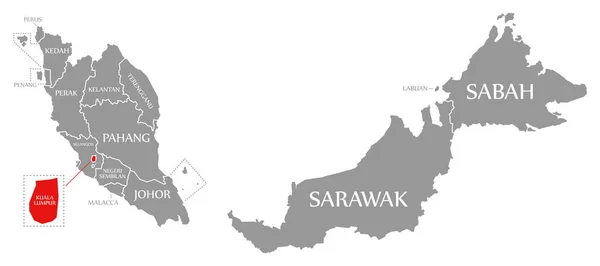 Κουάλα Λουμπούρ κόκκινο τονίζεται στο χάρτη της Μαλαισίας — Φωτογραφία Αρχείου