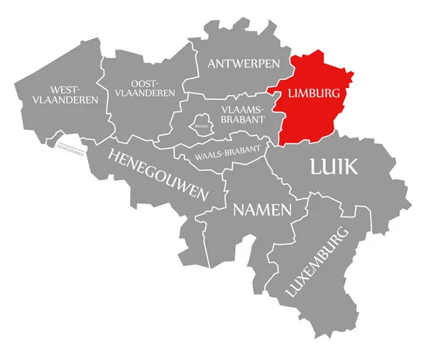 Limburg červená zvýrazněná na mapě Belgie — Stock fotografie