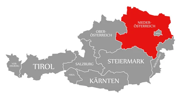 Nederste Østrig rød fremhævet på kort over Østrig - Stock-foto