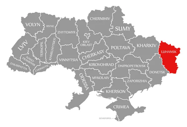 Vermelho de Luhansk destacado no mapa da Ucrânia — Fotografia de Stock