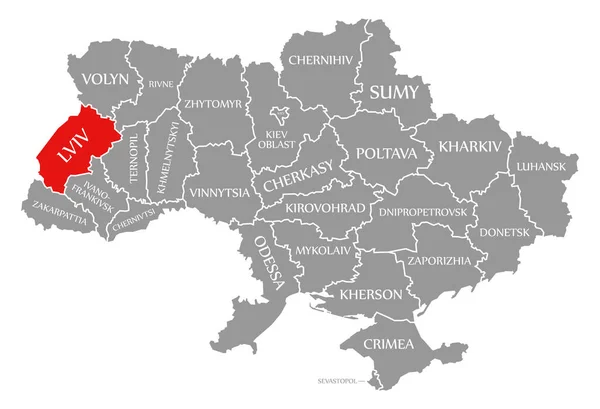 Lviv red highlighted in map of the Ukraine — 图库照片