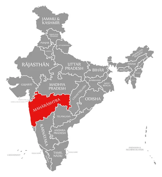 Maharashtra κόκκινο τονίζεται στο χάρτη της Ινδίας — Φωτογραφία Αρχείου