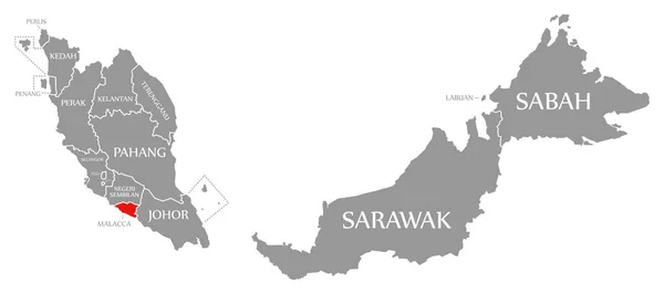 马来西亚地图上突出显示的马拉卡红色 — 图库照片