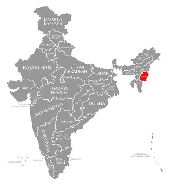 Vermelho de Manipur destacado no mapa de Índia — Fotografia de Stock