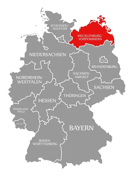 Mecklemburgo Pomerania Occidental rojo resaltado en el mapa de Alemania —  Fotos de Stock