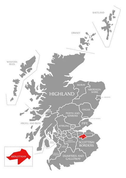 Midlothian rojo resaltado en el mapa de Escocia Reino Unido — Foto de Stock