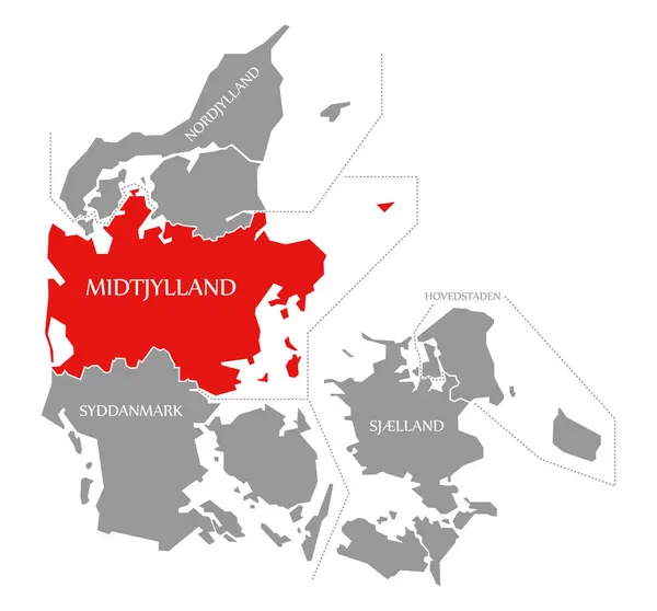 Midtjylland rood gemarkeerd op kaart van Denemarken — Stockfoto