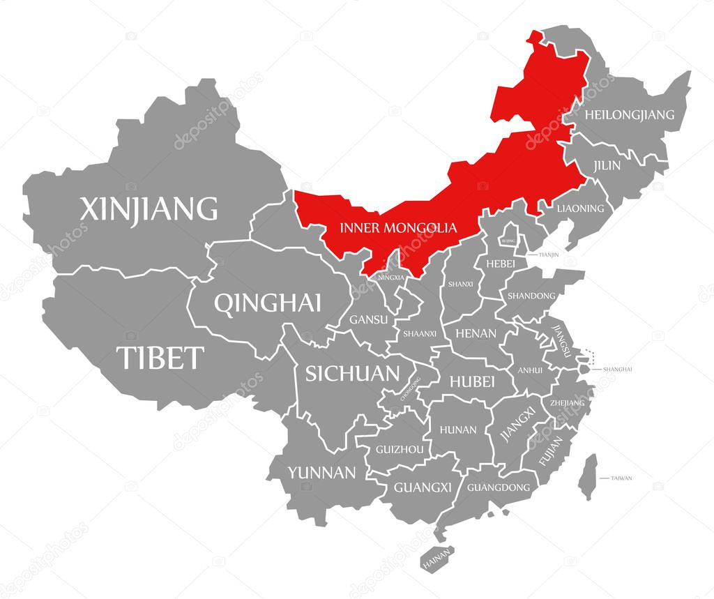 Inner mongolia red highlighted in map of China