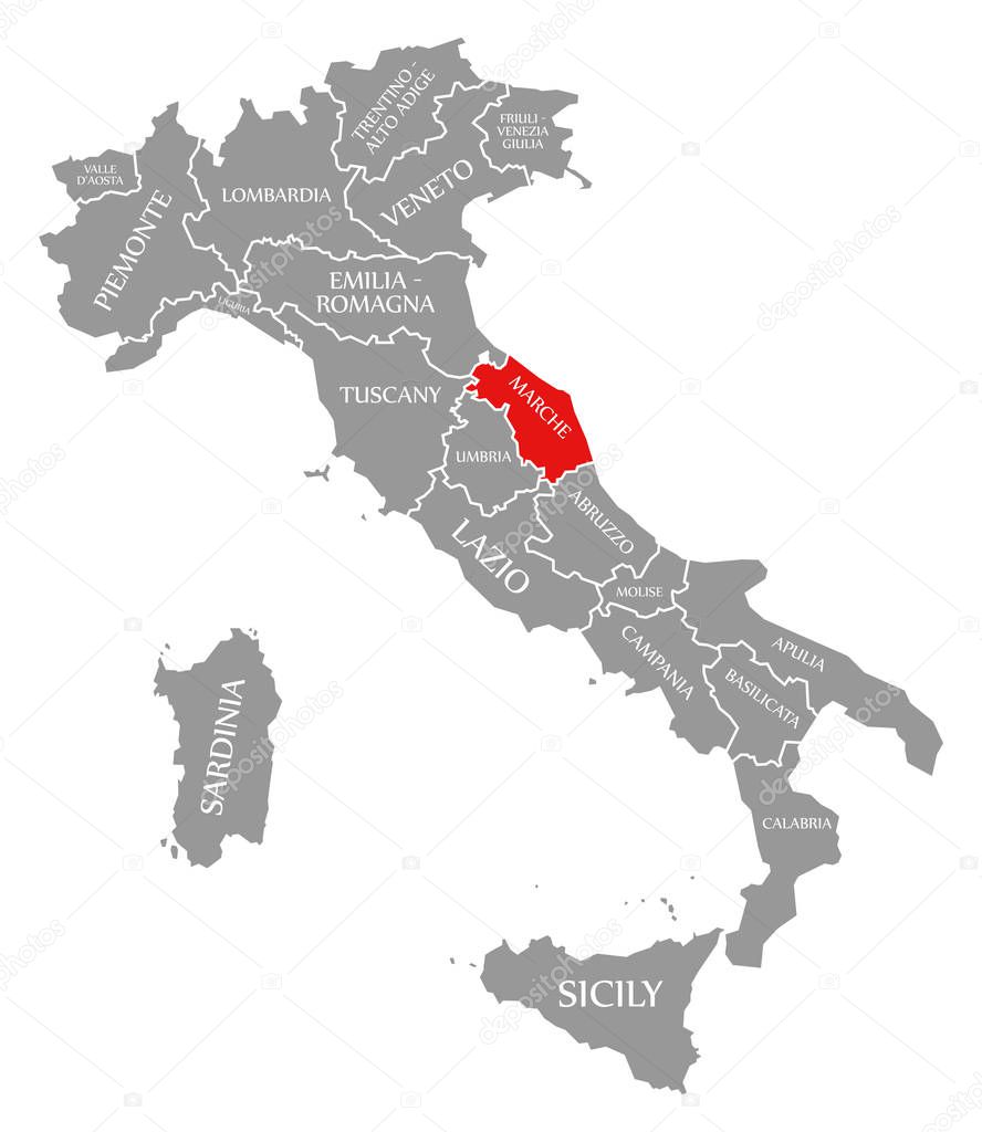 Marche red highlighted in map of Italy