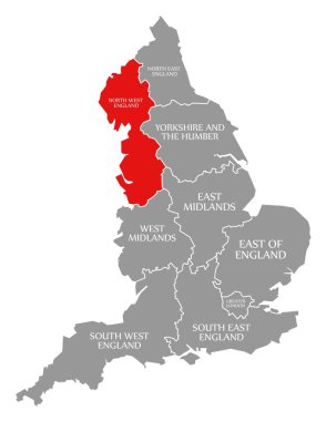 İngiltere haritasında Kuzey Batı İngiltere kırmızısı vurgulandı Uk