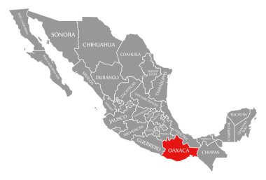Oaxaca red highlighted in map of Mexico clipart