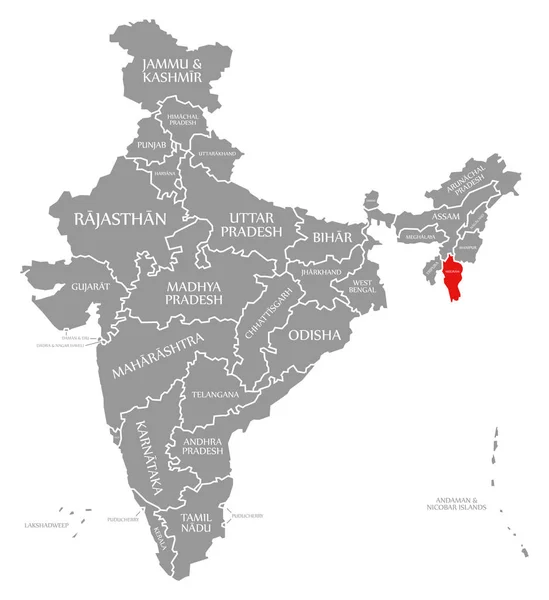 Vermelho de Mizoram destacado no mapa de Índia — Fotografia de Stock