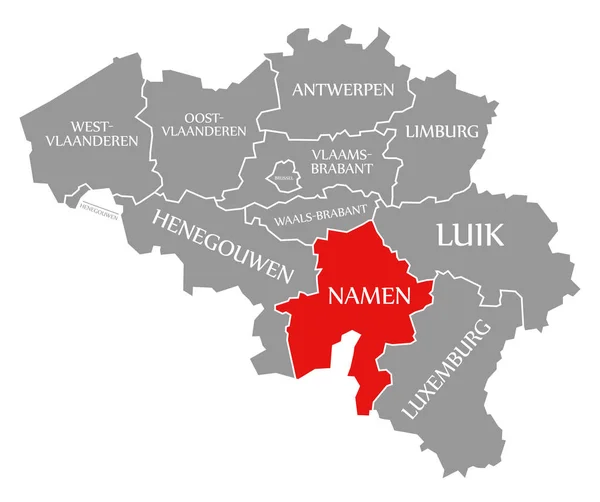 Namur rojo resaltado en el mapa de Bélgica — Foto de Stock