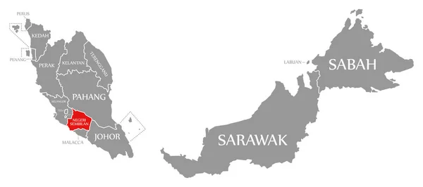 Negeri Sembilan vermelho destaque no mapa de Malásia — Fotografia de Stock