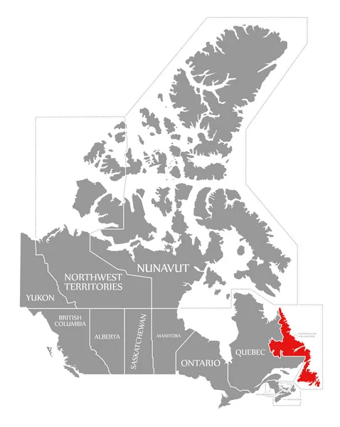 Ньюфаундленд і Лабрадор виділені червоним кольором на карті Канади — стокове фото