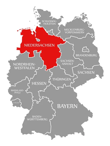 Baja Sajonia rojo resaltado en el mapa de Alemania — Foto de Stock