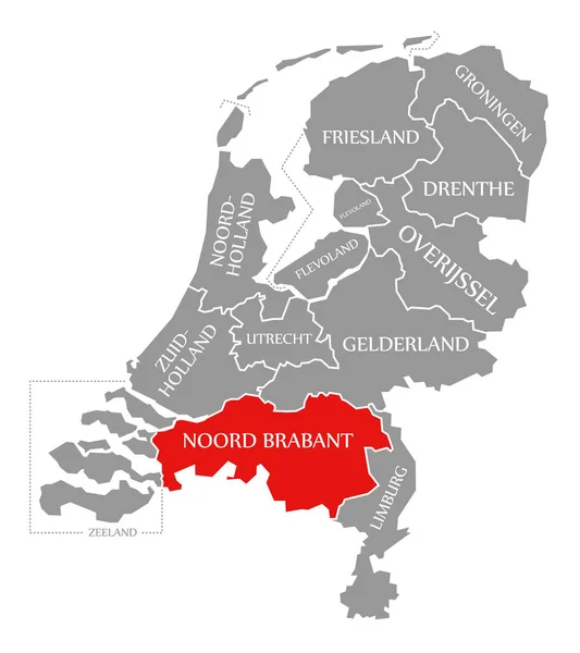 Noord Brabant červená zvýrazněná na mapě Holandska — Stock fotografie