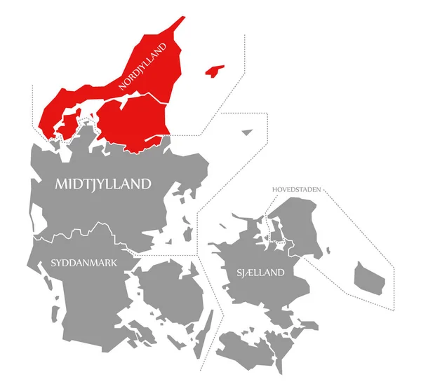 Nordjylland rouge mis en évidence dans la carte de Danemark — Photo