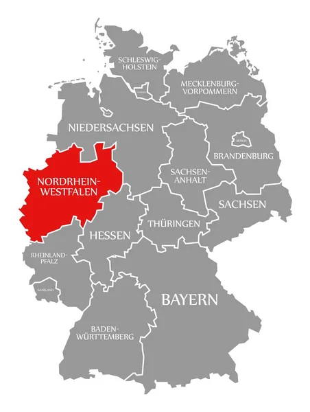 Severní Porýní Vestfálsko červená zvýrazněná na mapě Německa — Stock fotografie