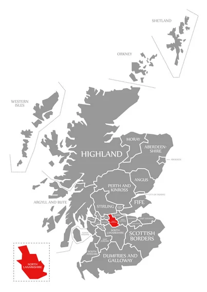North Lanarkshire rojo resaltado en el mapa de Escocia Reino Unido — Foto de Stock