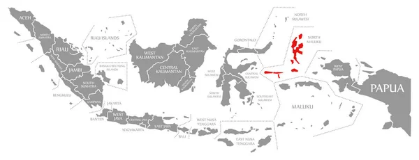 North maluku rot hervorgehoben in der Karte von Indonesien — Stockfoto