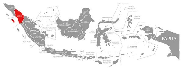 Красный цвет Северной Суматры выделен на карте Индонезии — стоковое фото