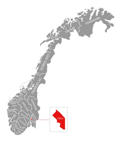 Oslo rosso evidenziato nella mappa di Norvegia — Foto Stock