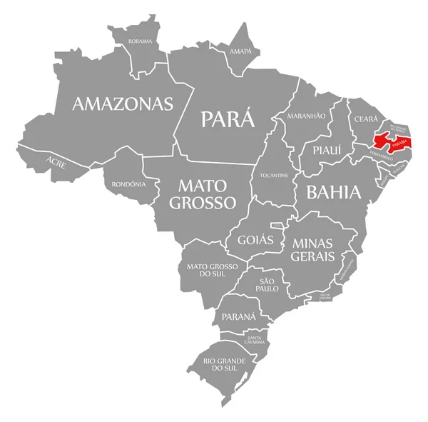 Paraiba czerwony podkreślony na mapie Brazylii — Zdjęcie stockowe
