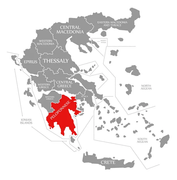 Пелопоннес красный выделен на карте Греции — стоковое фото