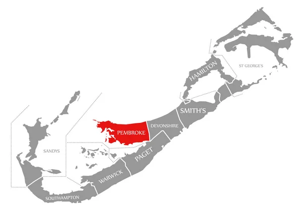 Bermuda haritasında Pembroke kırmızısı vurgulandı — Stok fotoğraf