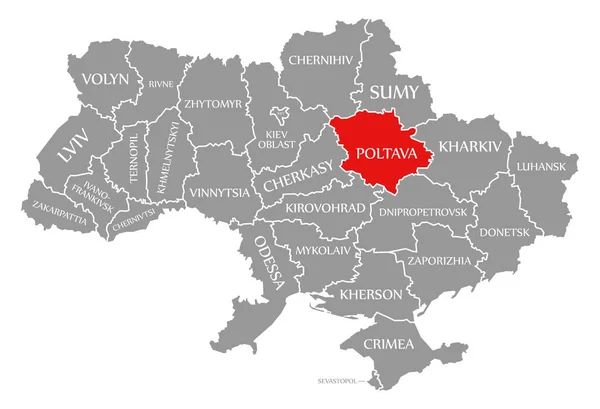 Poltava red highlighted in map of the Ukraine — ストック写真