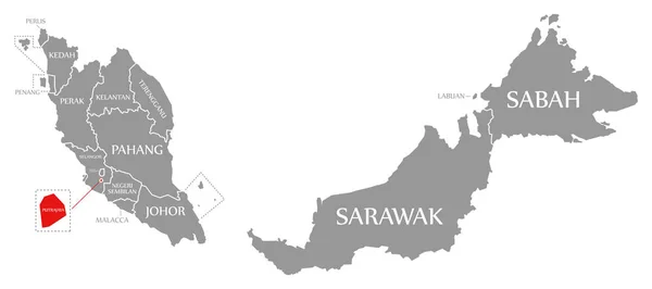 Красный цвет Раджая выделен на карте Малайзии — стоковое фото