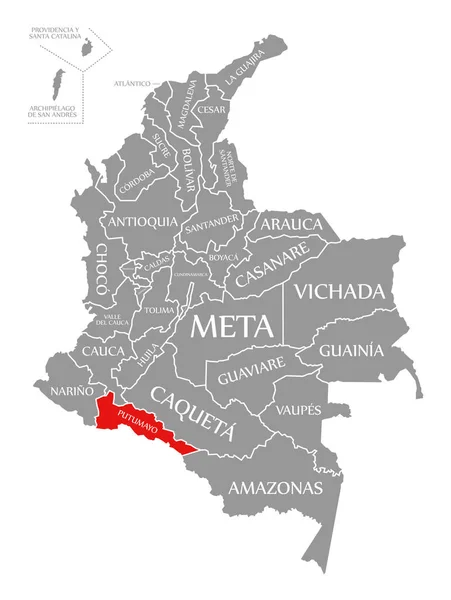 哥伦比亚地图上突出显示的普图马约红 — 图库照片
