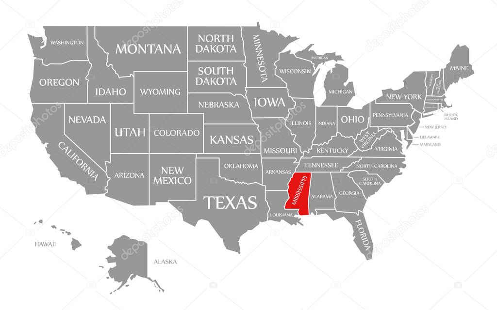 Mississippi red highlighted in map of the United States of Ameri