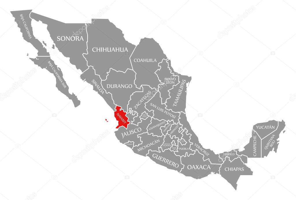 Nayarit red highlighted in map of Mexico