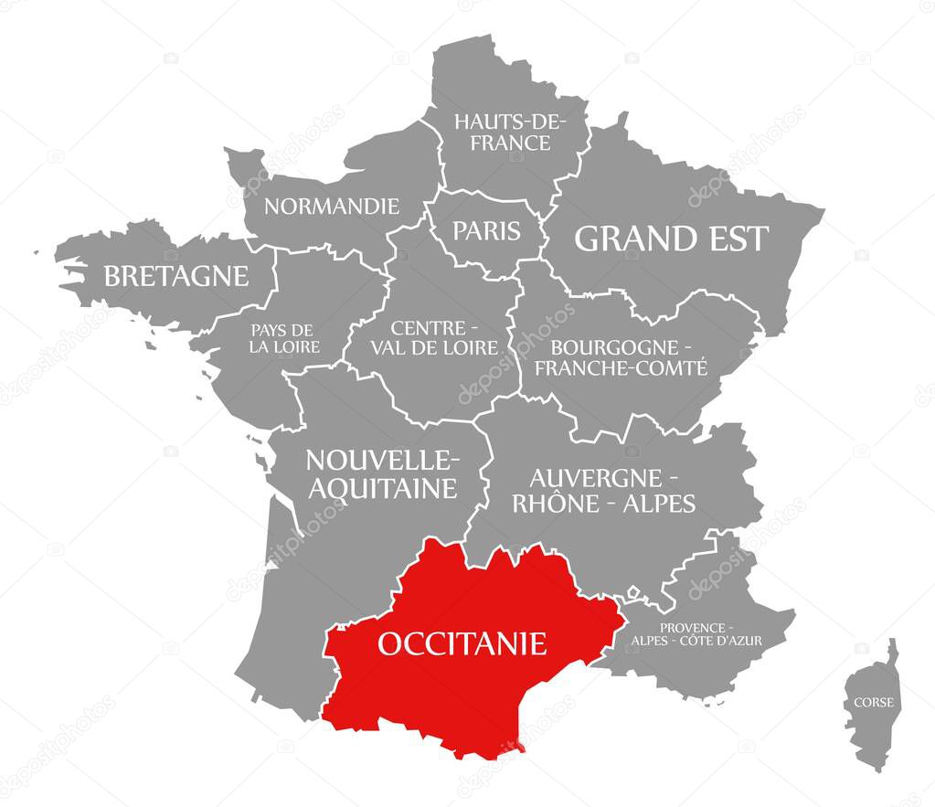 Occitanie red highlighted in map of France