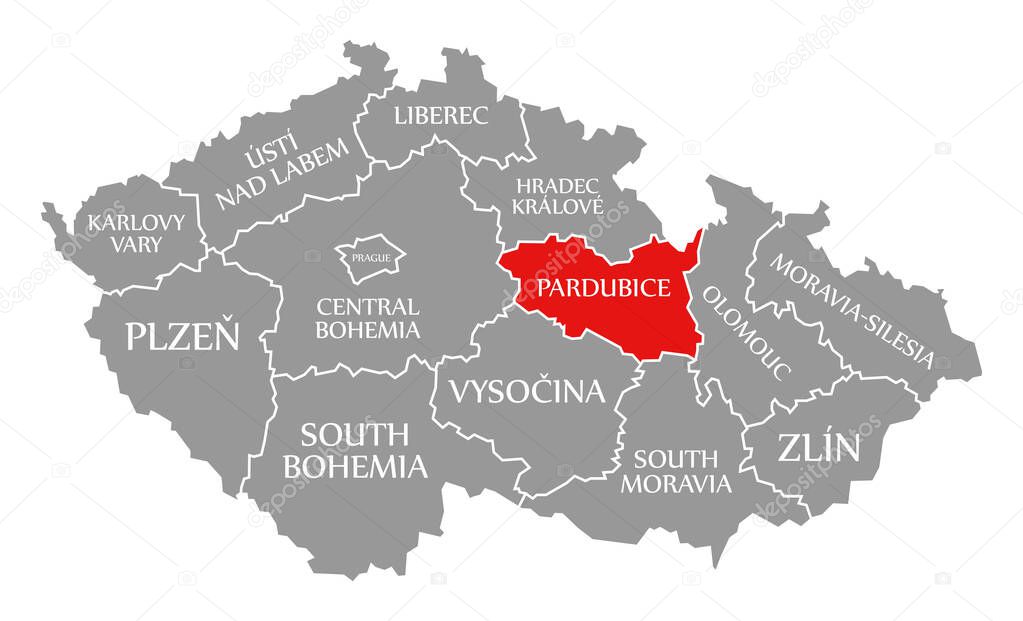 Pardubice red highlighted in map of Czech Republic