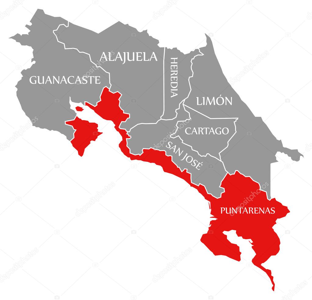 Puntarenas red highlighted in map of Costa Rica