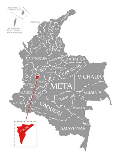 Quindio röd markerad på kartan över Colombia — Stockfoto