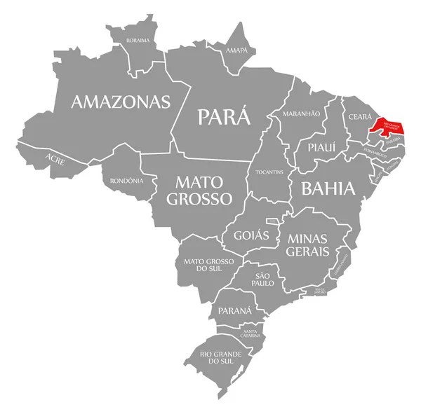 Риу-Гранди-ду-Норти отмечен красным цветом на карте Бразилии — стоковое фото