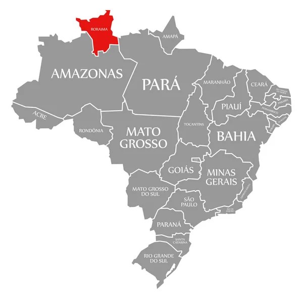 Roraima czerwony zaznaczono na mapie Brazylii — Zdjęcie stockowe