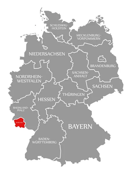 Saarland röd markerad på kartan över Tyskland — Stockfoto