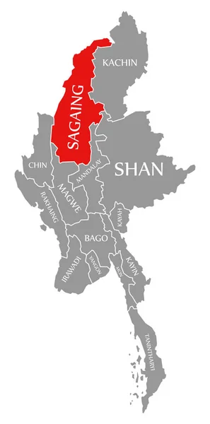 缅甸地图上醒目的Sagaing红色 — 图库照片