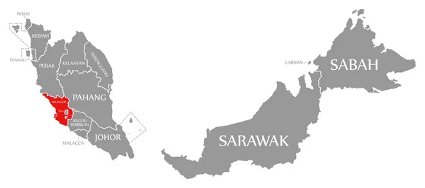 Selangor rosso evidenziato nella mappa di Malesia — Foto Stock