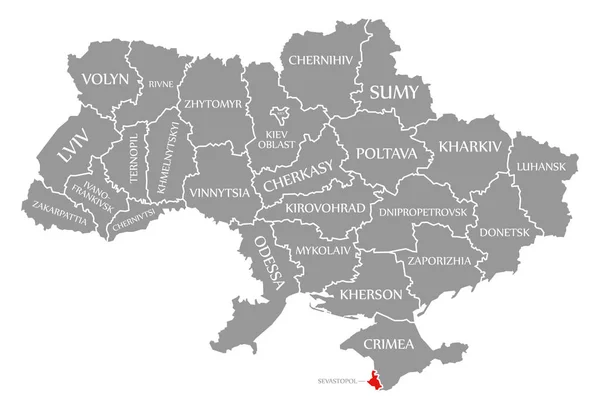 乌克兰地图上突出显示的塞瓦斯托波尔红色 — 图库照片