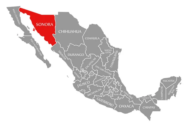 Sonora rojo resaltado en el mapa de México — Foto de Stock