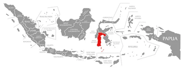 Красный цвет Южного Сулавеси выделен на карте Индонезии — стоковое фото